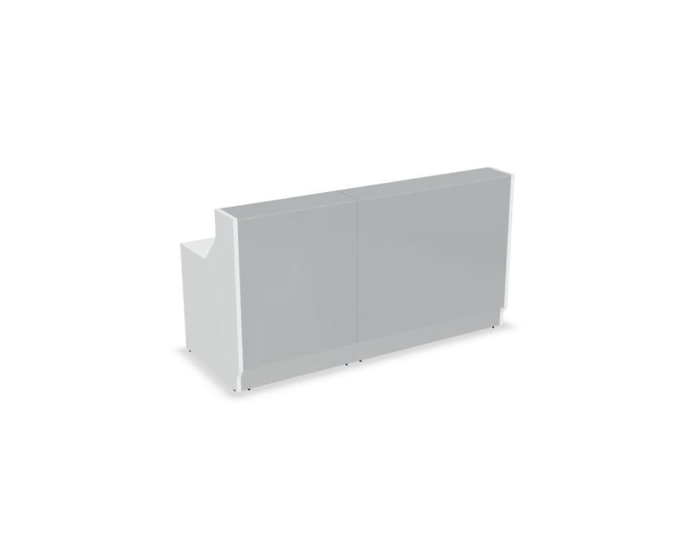 Weisse modulare Empfangstheke Linea von Mdd mit Glasfront, LED-Beleuchtung, Aluminiumsockel und Edelstahl-Eckleiste im Büro.