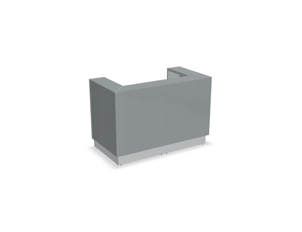 Modulare Empfangstheke Linea LIN36 von MDD in heller Holzoptik mit grauem Frontpanel, zeitloses Design, kompakte Grundabmessungen und praktische Arbeitsfläche.