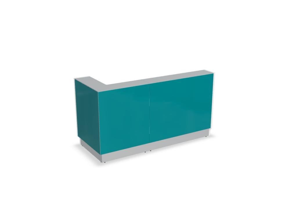 Weisse modulare Empfangstheke Linea von Mdd mit Glasfront, LED-Beleuchtung, Aluminiumsockel und Edelstahl-Eckleiste im Büro.