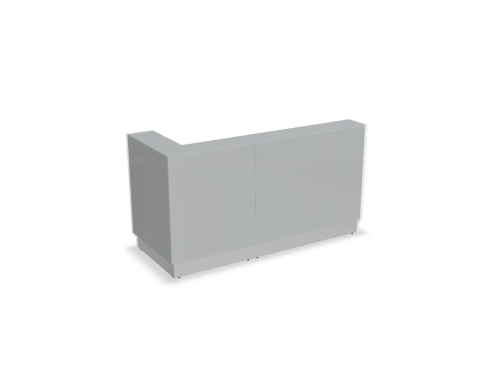 Bild zeigt die modulare Empfangstheke Linea LIN38L von Mdd in moderner Anmutung, mit klaren Linien, heller Arbeitsplatte und integrierten Fach- bzw. Staurealen, ideal für Empfangsbereiche.