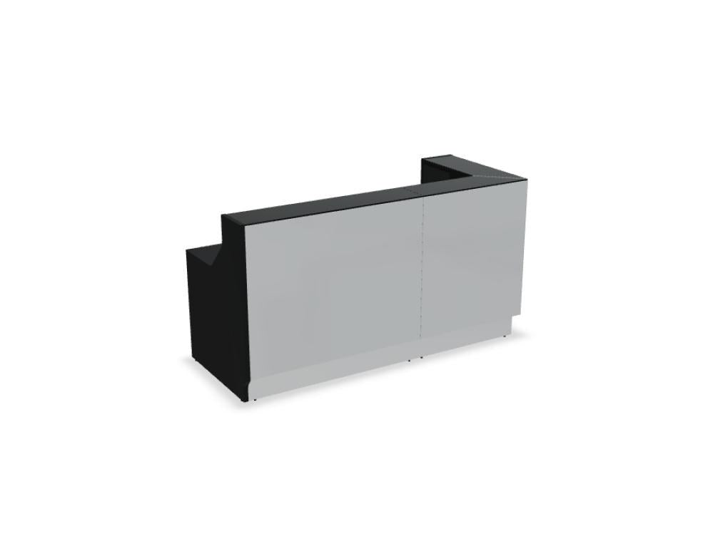 Weisse modulare Empfangstheke Linea von Mdd mit Glasfront, LED-Beleuchtung, Aluminiumsockel und Edelstahl-Eckleiste im Büro.