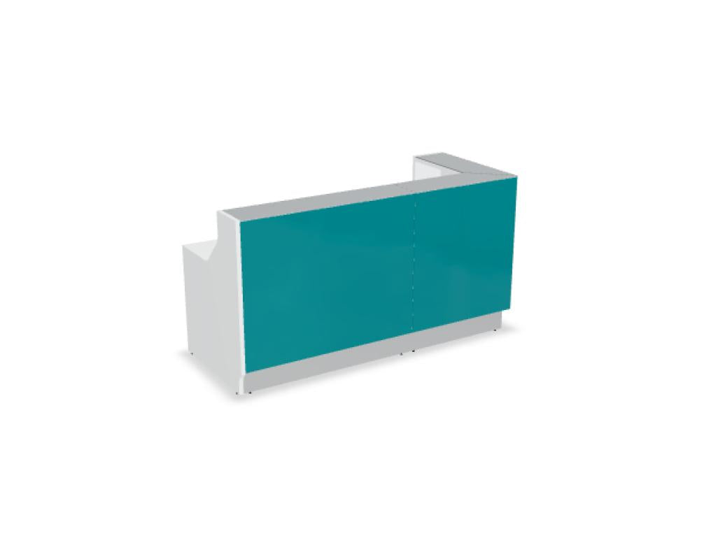 Foto der Linea LIN38P modulare Empfangstheke von Mdd, silbergraues Desk-System mit glatten Oberflächen, modulare Abschnitte und zeitloses Design für professionelle Empfangssituationen.