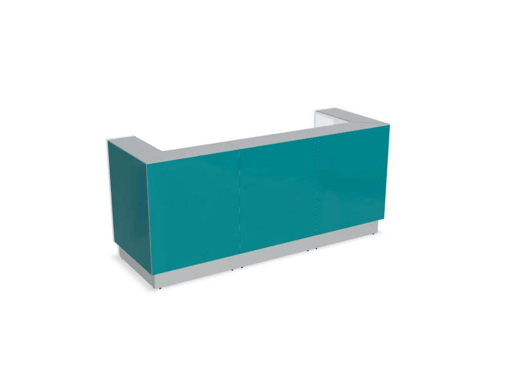 Modulare Empfangstheke Linea LIN42 in hellem Holz- und Metalllook, geräumige Arbeitsfläche, klare Linien, modernes Design für den Empfangsbereich