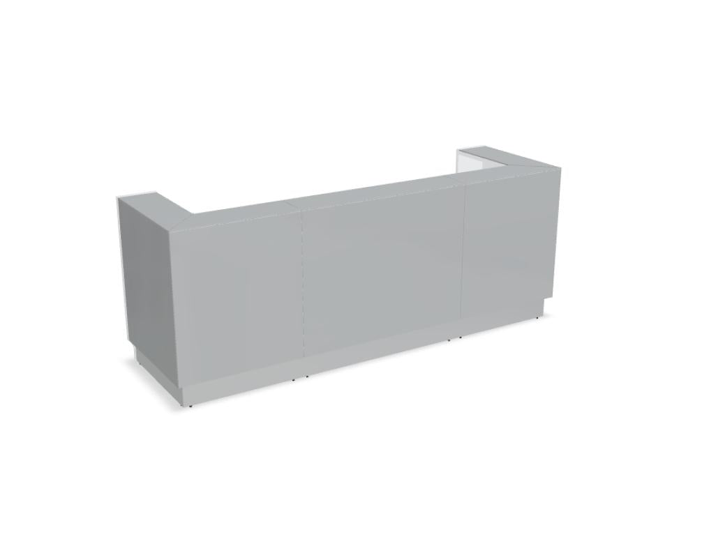 Modulare Empfangstheke Linea LIN43 in heller Holzoptik mit weißen Fronten und integrierter Schreibtischfläche, ideal für Empfangsbereiche