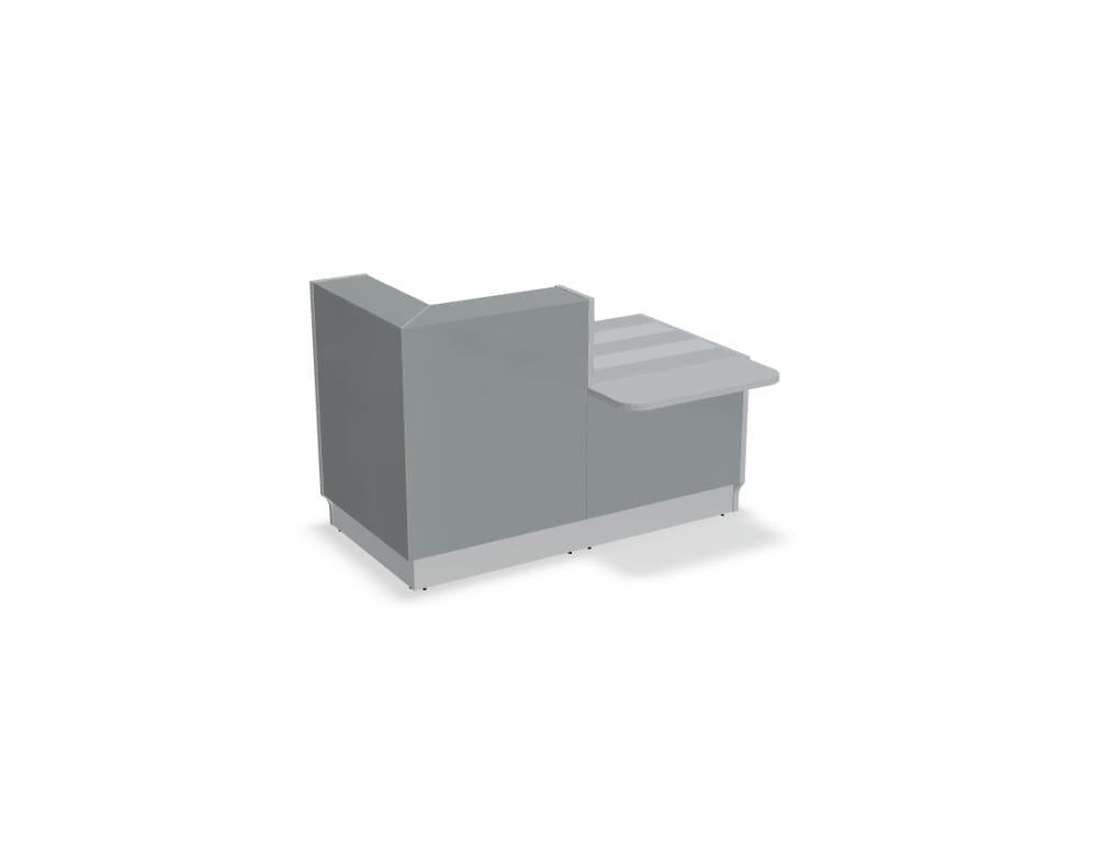 Weisse modulare Empfangstheke Linea von Mdd mit Glasfront, LED-Beleuchtung, Aluminiumsockel und Edelstahl-Eckleiste im Büro.