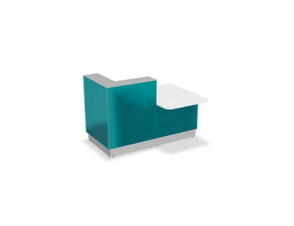 Modulare Empfangstheke Linea LIN291L von Mdd in neutralem Grau mit Glas- und Metallakzenten, flexibel erweiterbar, kompakte Frontfläche