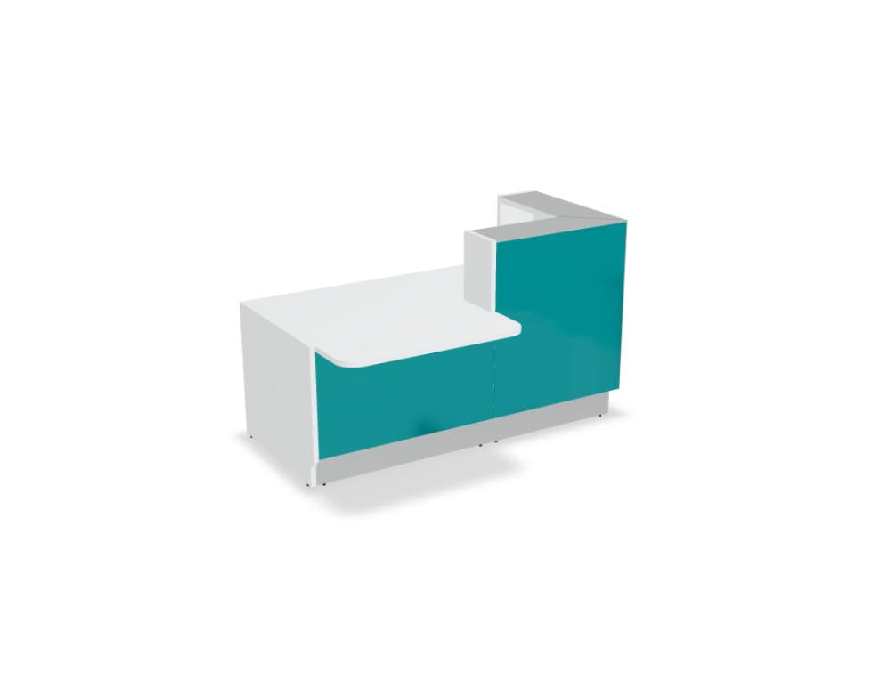 Bild zeigt eine modulare Empfangstheke Linea LIN29P von MDD in schlanker, zeitloser Optik, ideal für moderne Empfangsbereiche; klare Linien, kompakte Bauweise, hochwertiges Finish