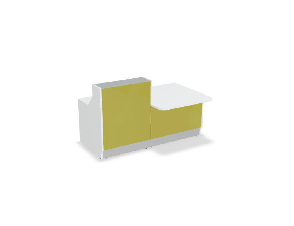 Modulare Empfangstheke Linea LIN33L in hellem Holz-Design, glatte Deskfläche, integrierte Arbeitszone, kompakte Front- und Seitenplatten, modernes Distanzkonzept