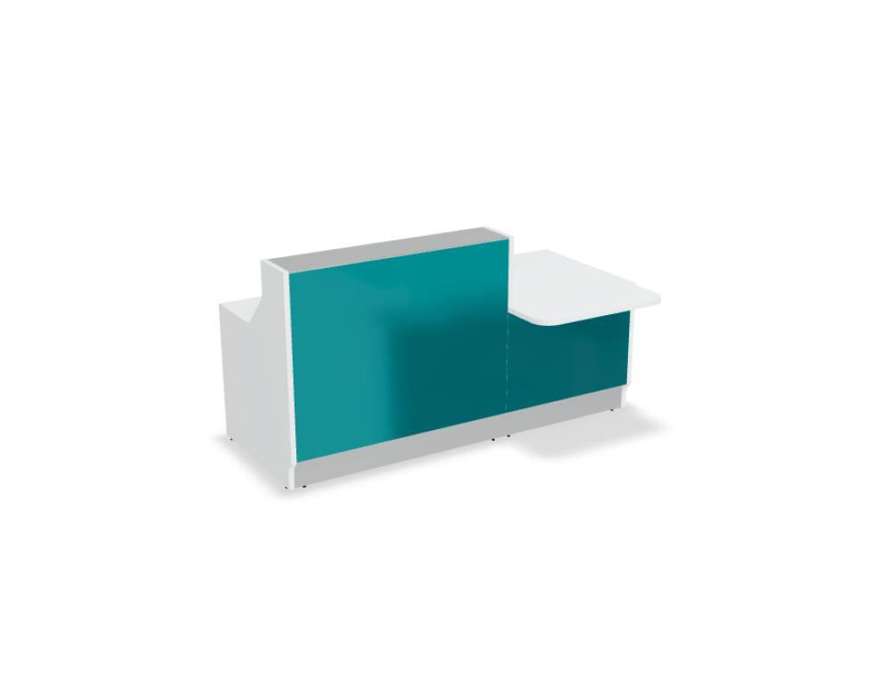 Modulare Empfangstheke Linea LIN341L von MDD in hellem Holzdekor mit Glasaufsatz, elegante Linie, funktionale Ablagen und integrierte Arbeitsfläche