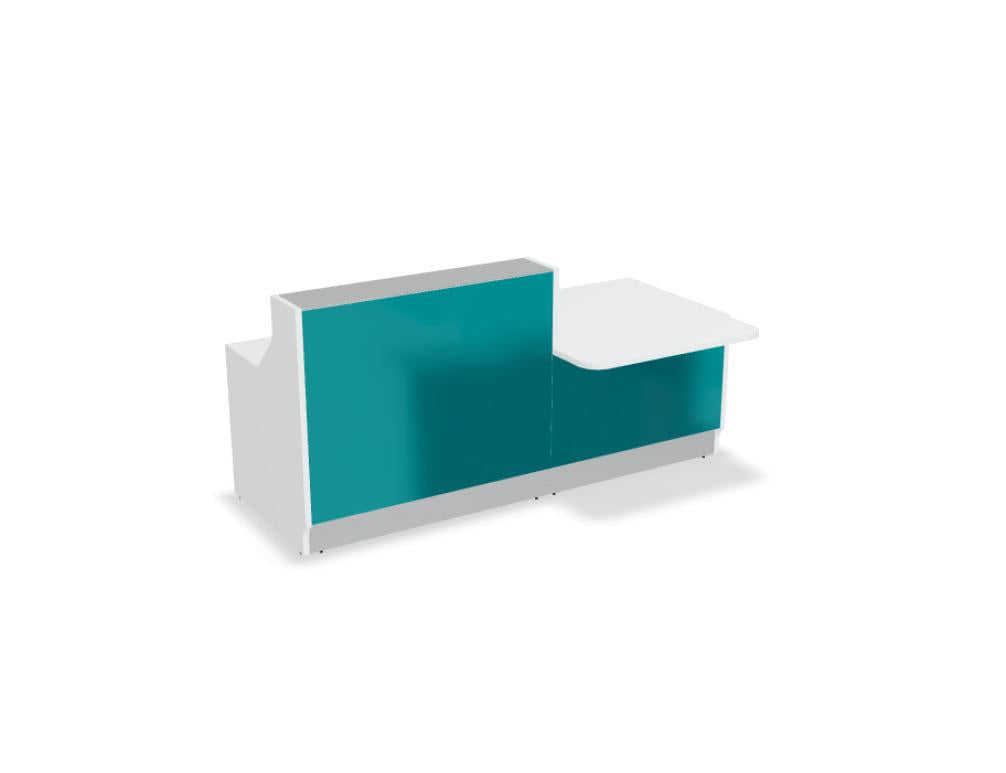 Linea LIN34L modulare Empfangstheke von MDD: elegantes, helles Design mit glatter Oberfläche, großzügige Arbeitsplatte und integrierter Stauraum für Besucherempfang.