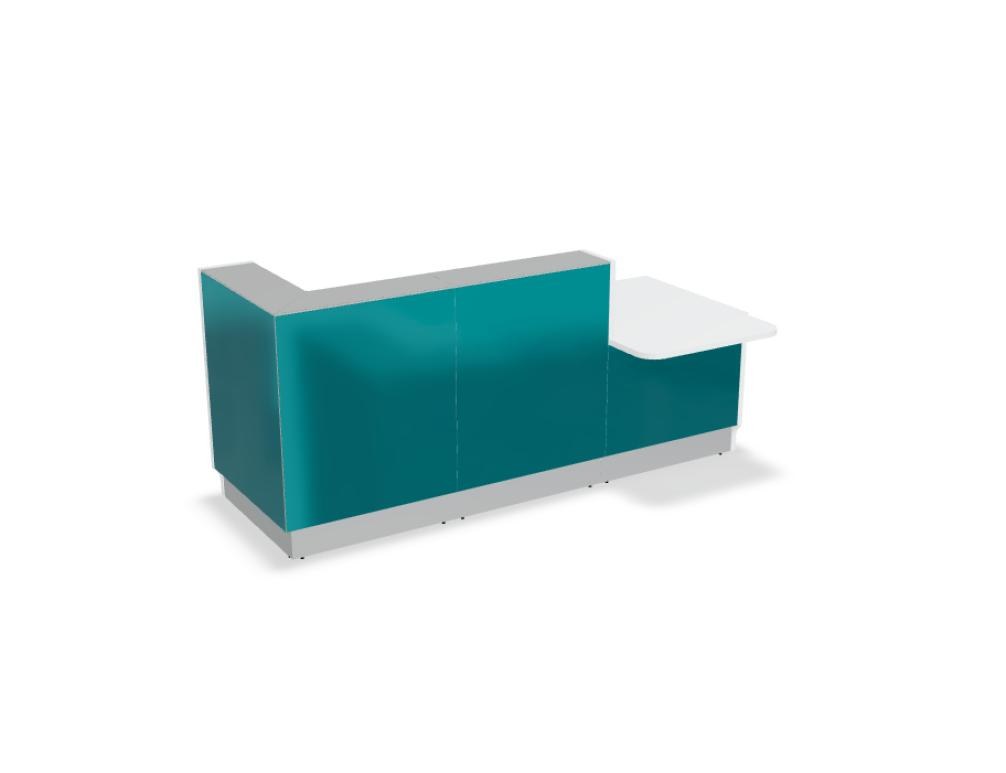 Weisse modulare Empfangstheke Linea von Mdd mit Glasfront, LED-Beleuchtung, Aluminiumsockel und Edelstahl-Eckleiste im Büro.