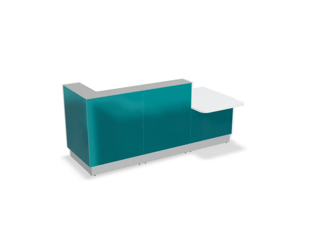 Modulare Empfangstheke Linea LIN351L von MDD, zeitloses, elegantes Desk-Design in hellen Holz- und Weißtönen, ideal für moderne Wartebereiche.