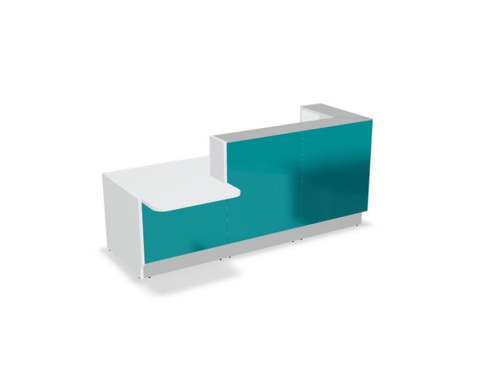 Modulare Empfangstheke Linea LIN351P von MDD, elegante Front mit klaren Linien, funktionale Arbeitsfläche und integrierte Ablage für Besucher- und Bürobereiche.