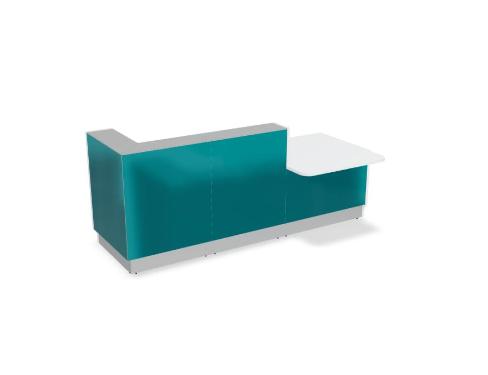 Modulare Empfangstheke LIN35L von Mdd: helle Frontplatten, klare Linien und robuste Arbeitsfläche, flexibel kombinierbar für moderne Empfangsbereiche.