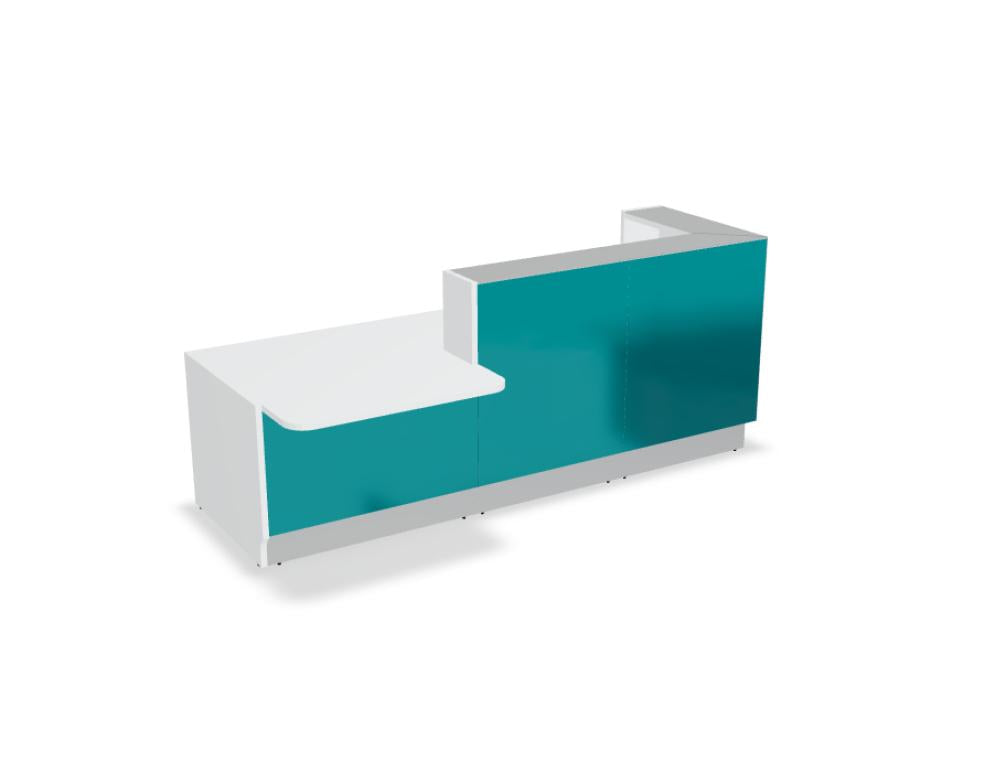 Foto der Linea LIN35P modulare Empfangstheke von MDD in neutralem Raum, Front mit glatter Oberfläche, seitliche Einbauten, modernes, elegantes Design