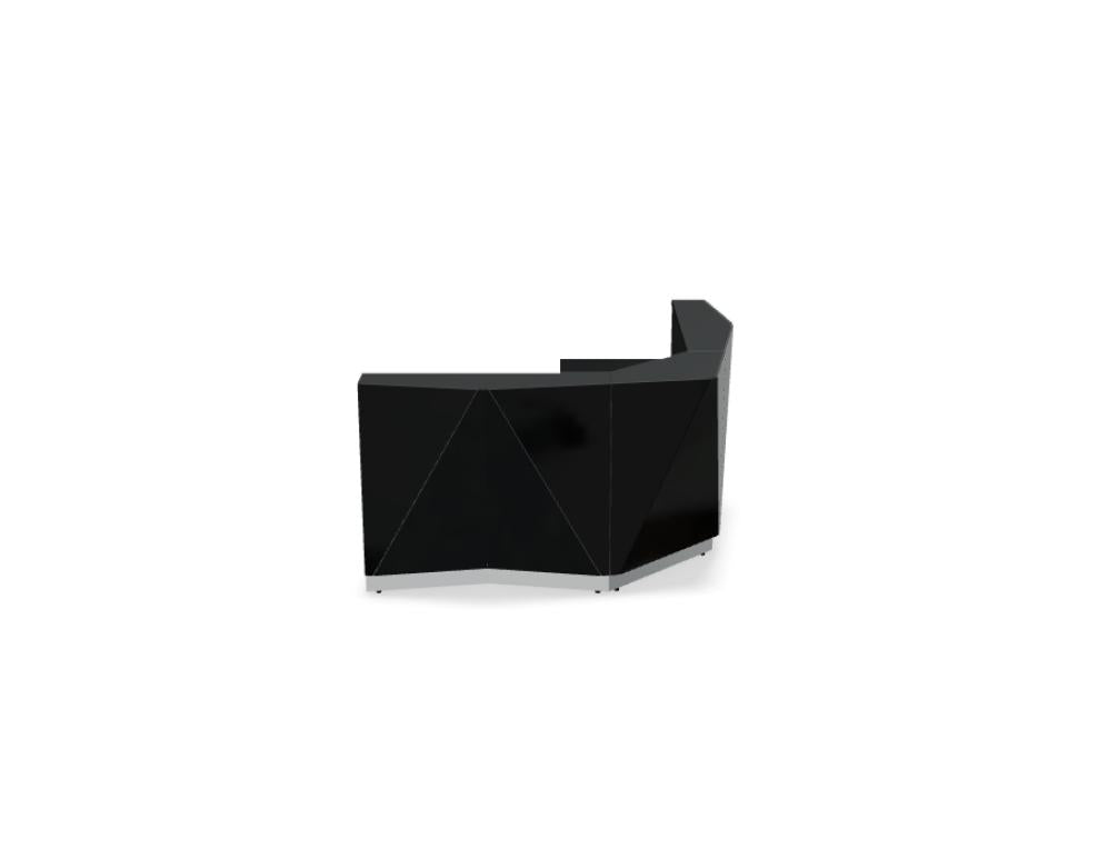 Modulare Empfangstheke Alpa ALP90 in hellem Holz-Design mit integrierten Ablagen und Displays, ideal für moderne Empfangsbereiche