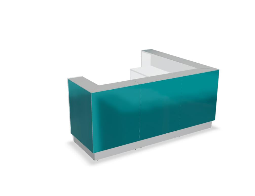 Foto der modularen Empfangstheke Linea LIN40L von MDD, helles, modernes Desk mit glatten Fronten, großzügiger Arbeitsfläche und integriertem Stauraum; dezentes Logo, klare Linien, passende Beleuchtung betont eine professionelle Empfangssituation.