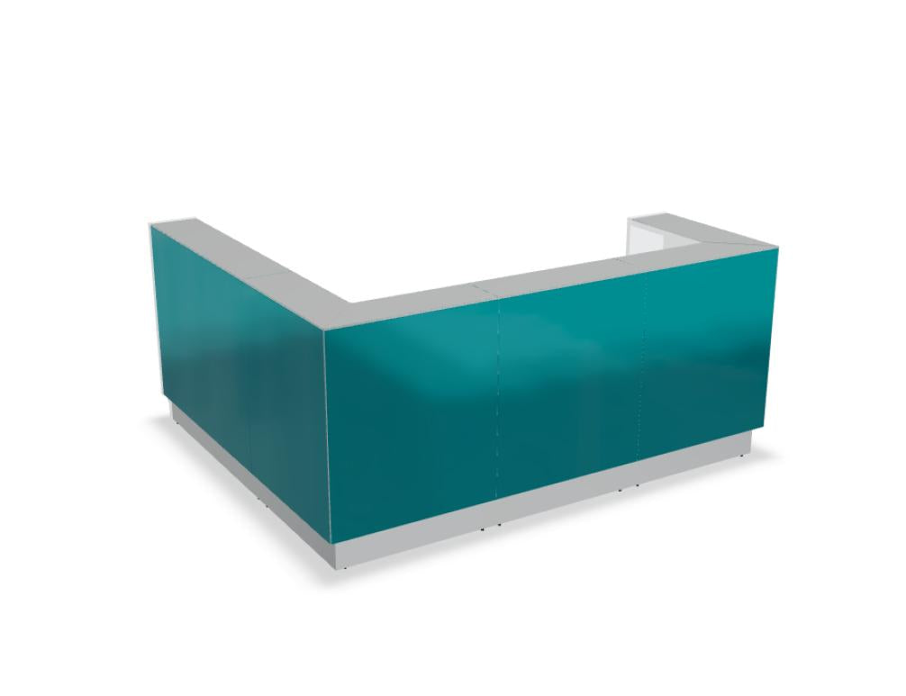 Modulare Empfangstheke Linea LIN40P von MDD in modernem Design,weißes Oberteil mit heller Front, funktionales Arbeitstiefen-Layout und versteckte Kabeldurchführung.