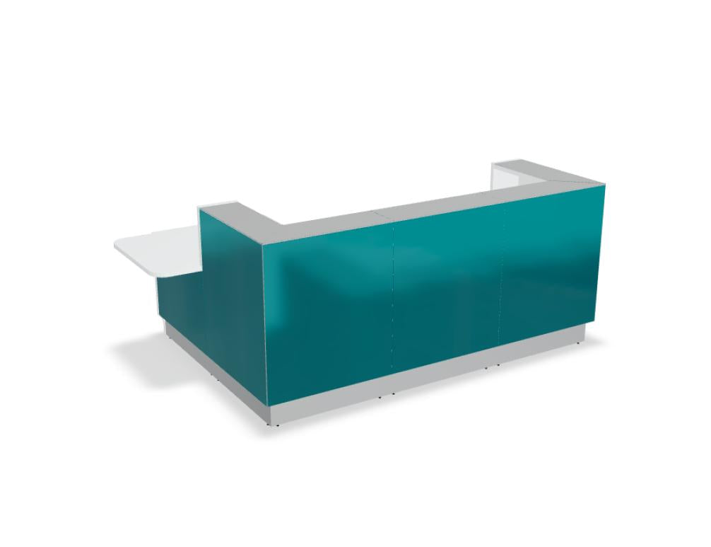 Modulare Empfangstheke LIN411P von MDD: zeitgemäßes, schlichtes Design in hellen Holztönen, klare Linien, robuste Oberfläche, ideal als Empfangs- oder Stehelement.