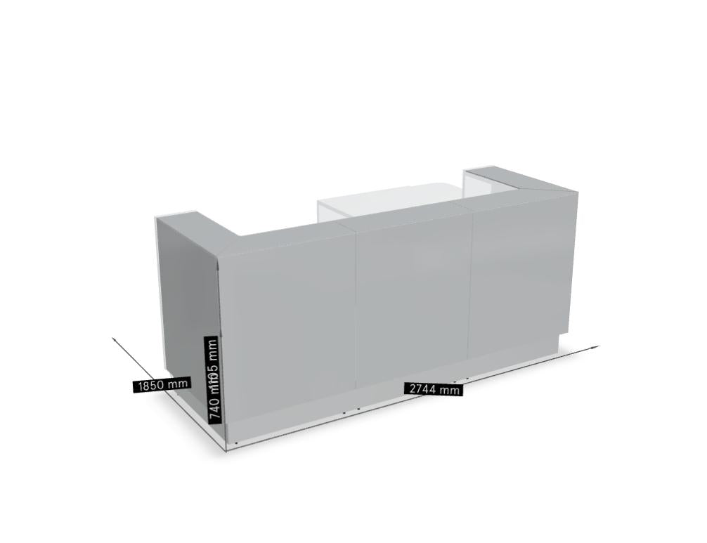 Eine modulare Empfangstheke Linea LIN41L in neutralem Grau mit glatter Front, hellen Akzenten und integriertem Arbeitsbereich – elegantes Desk-Design
