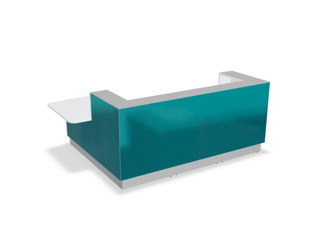 Modulare Empfangstheke Linea LIN41P in hellem Holz- und Weißton, kompakte Front, großzügige Arbeitsfläche, stilvolles Desk-Design für moderne Rezeptionen.