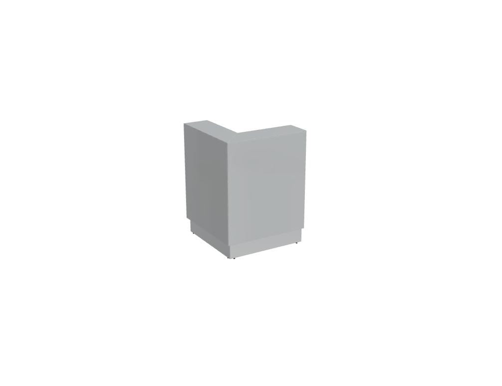 Weisse modulare Empfangstheke Linea von Mdd mit Glasfront, LED-Beleuchtung, Aluminiumsockel und Edelstahl-Eckleiste im Büro.