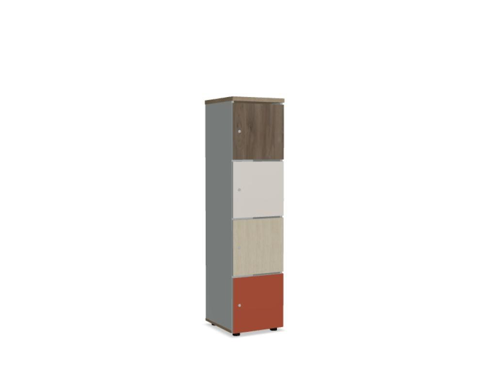 Weiss-pastellfarbener Spind Locker Standard von Mdd mit roter Melaminfront, Patentschloss und Einwurfschlitz, aus Melaminplatte mit ABS-Umleimer.