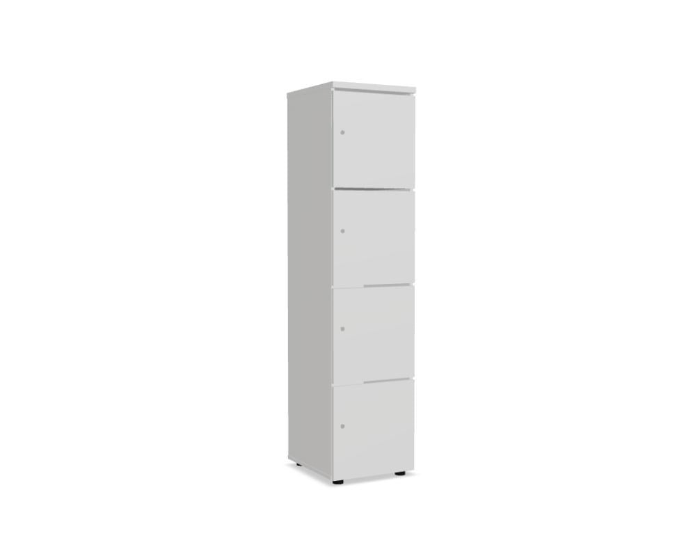 Weisser Schliessfachschrank mit roter Front, mehreren Fächern, Melaminplatte, Patentschloss und Standfüssen, Modell Locker Standard.