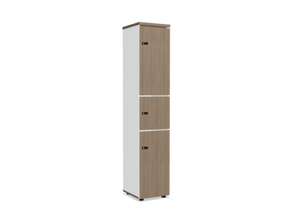 Weisser Schliessfachschrank mit roter Front, mehreren Fächern, Melaminplatte, Patentschloss und Standfüssen, Modell Locker Standard.