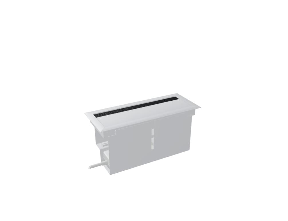 Weisse Mediabox von Mdd, kompaktes Modul mit Steckdose sowie USB-A- und USB-C-Anschluss zur Montage an Schreibtisch oder Gestell.