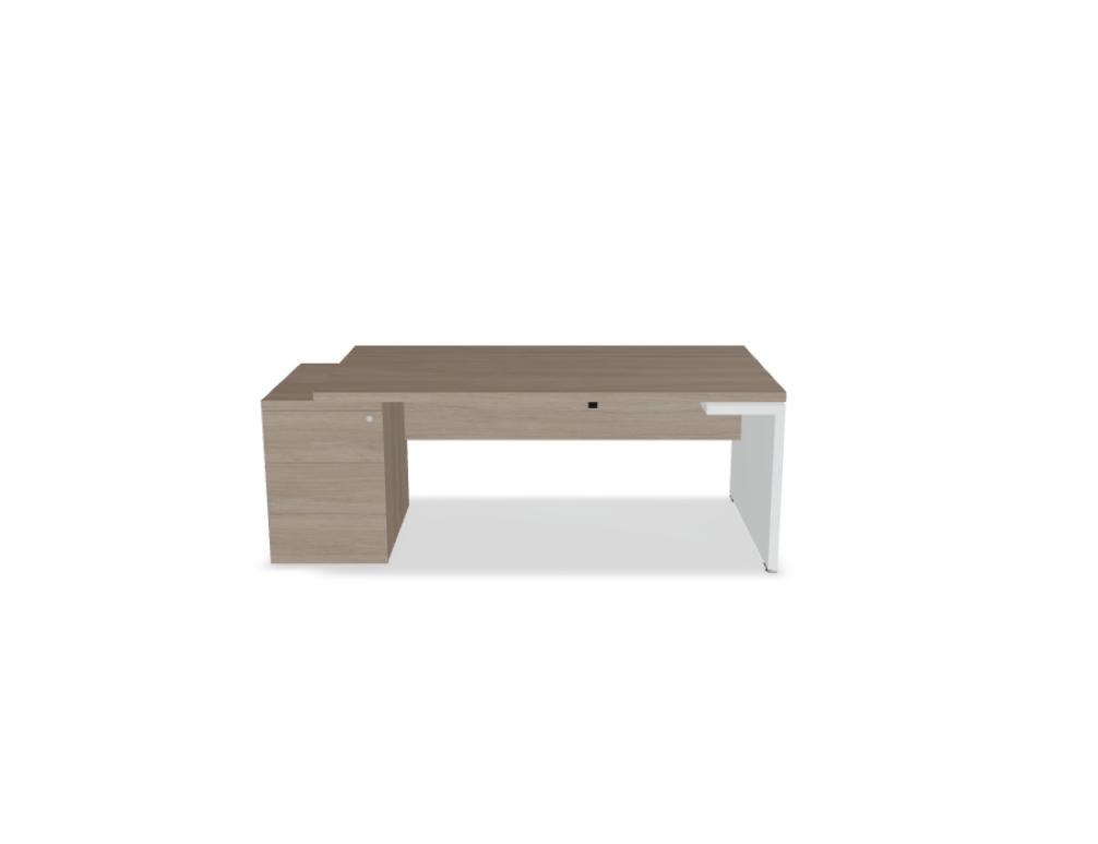 Chefschreibtisch Mito von Mdd in Bernsteineiche mit HPL-Wangenfuss in schwarz oder weiss, Melaminplatte mit ABS-Umleimer, rechteckige Form.