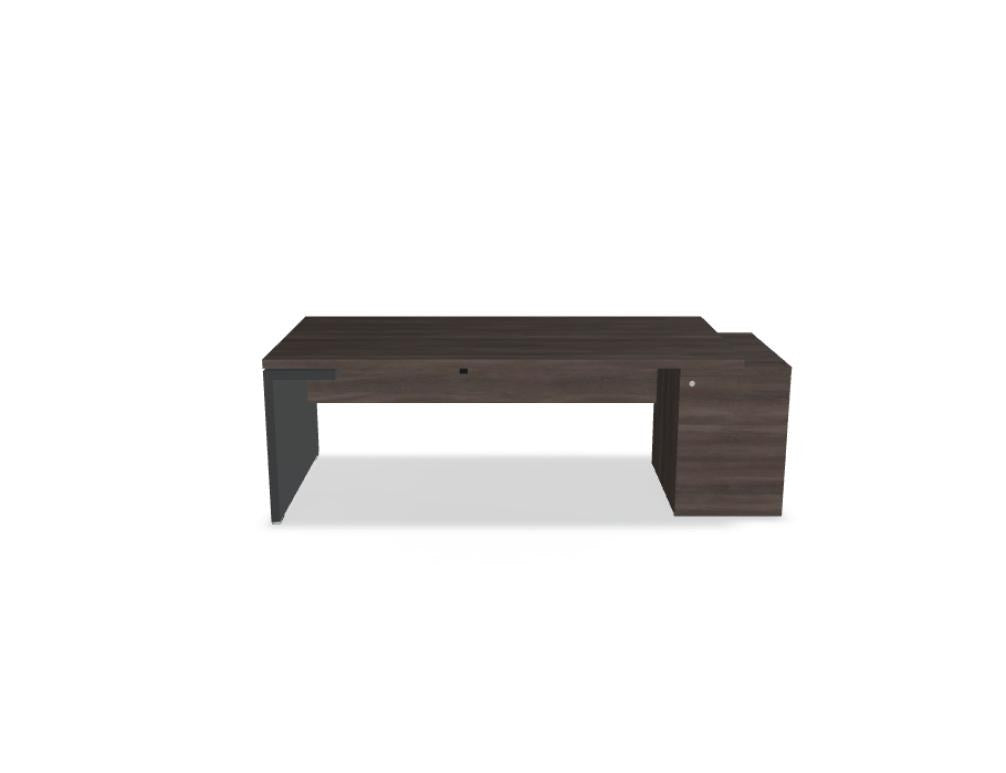 Chefschreibtisch Mito von Mdd in Bernsteineiche mit HPL-Wangenfuss in schwarz oder weiss, Melaminplatte mit ABS-Umleimer, rechteckige Form.