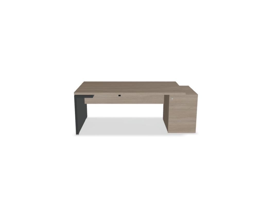 Chefschreibtisch Mito von Mdd in Bernsteineiche mit HPL-Wangenfuss in schwarz oder weiss, Melaminplatte mit ABS-Umleimer, rechteckige Form.