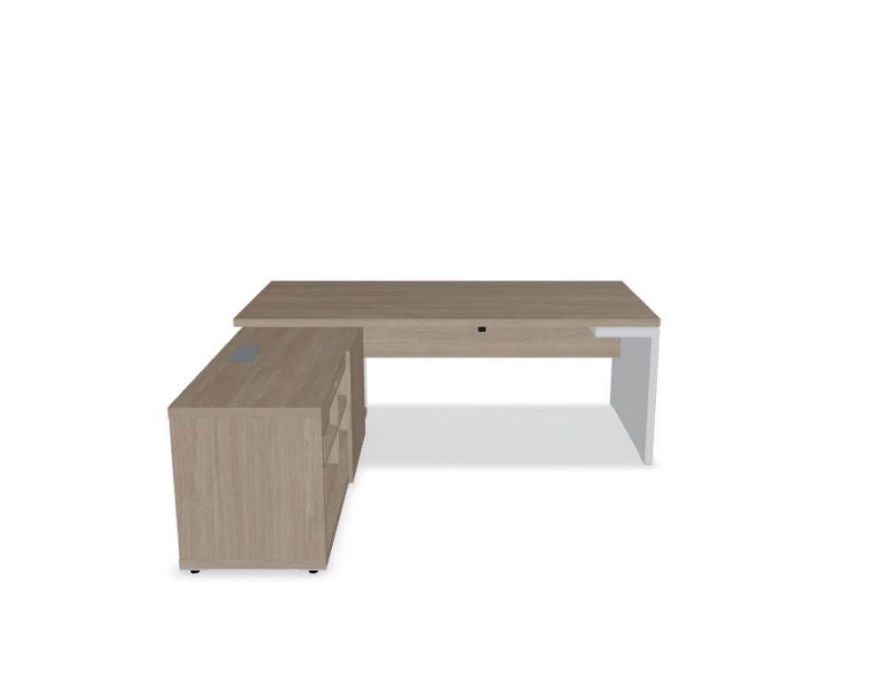 Chefschreibtisch Mito von Mdd in Bernsteineiche mit HPL-Wangenfuss in schwarz oder weiss, Melaminplatte mit ABS-Umleimer, rechteckige Form.