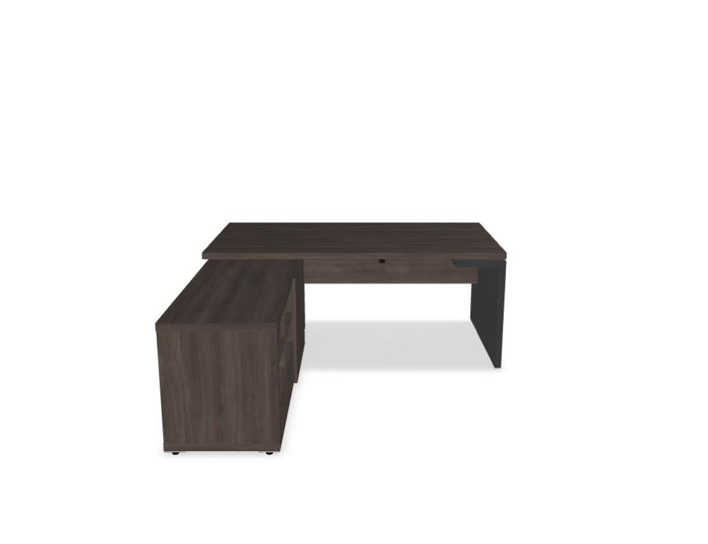 Bild zeigt den Mitting-Tisch Mito MIT2L: moderner Chefschreibtisch mit Holzoptik, großzügiger Arbeitsfläche, schlankem Design, integrierten Kabelkanälen und Metallfüßen in Silberton. 100–150 Zeichen
