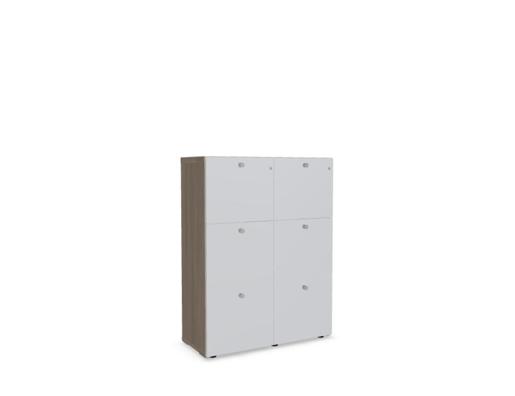 Aktenschrank Mito von Mdd mit schwarzer matter Front, Aluminiumgriffen und Korpus in Bernsteineiche, Frontalansicht im Büroraum.