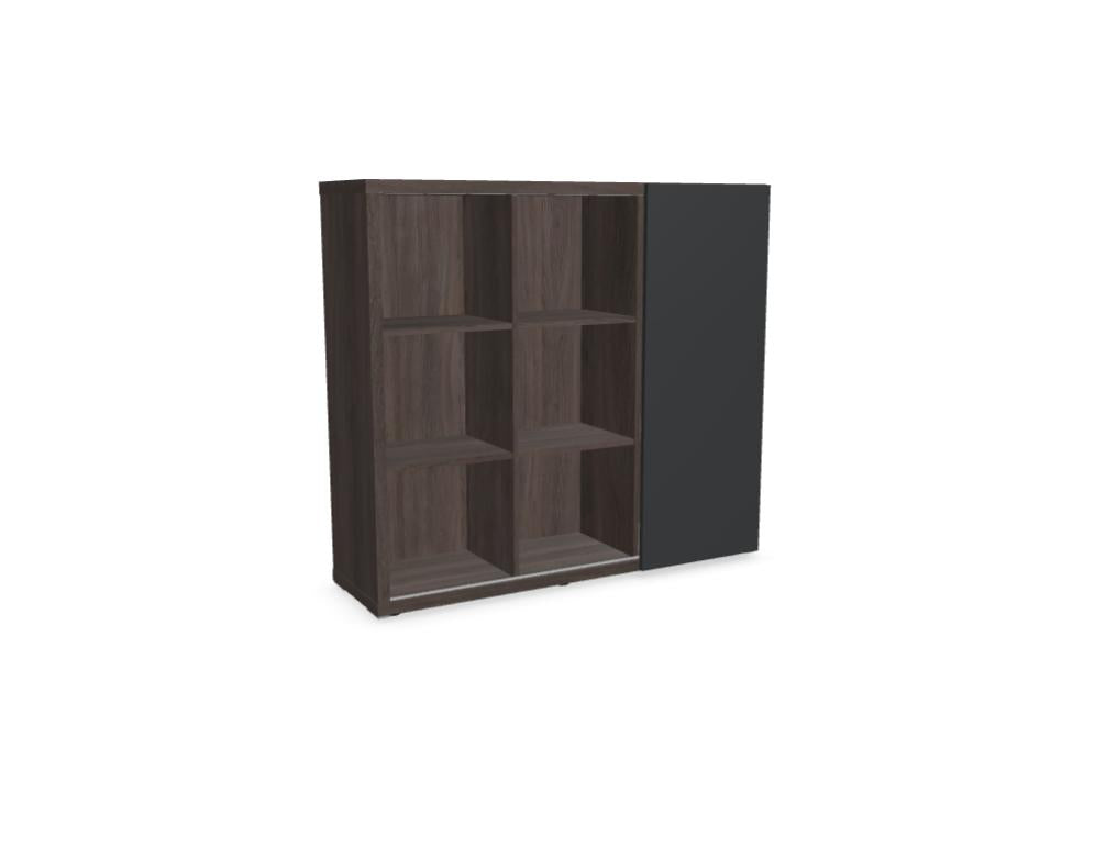 Frontansicht des Mito MIT34 Chefzimmerschranks aus der Büroschrank-Kollektion von MDD, robustes Metallgestell, dunkle Holzoberflächen, zentrale Schranktüren und Schubladen, modernes Büro-Design.