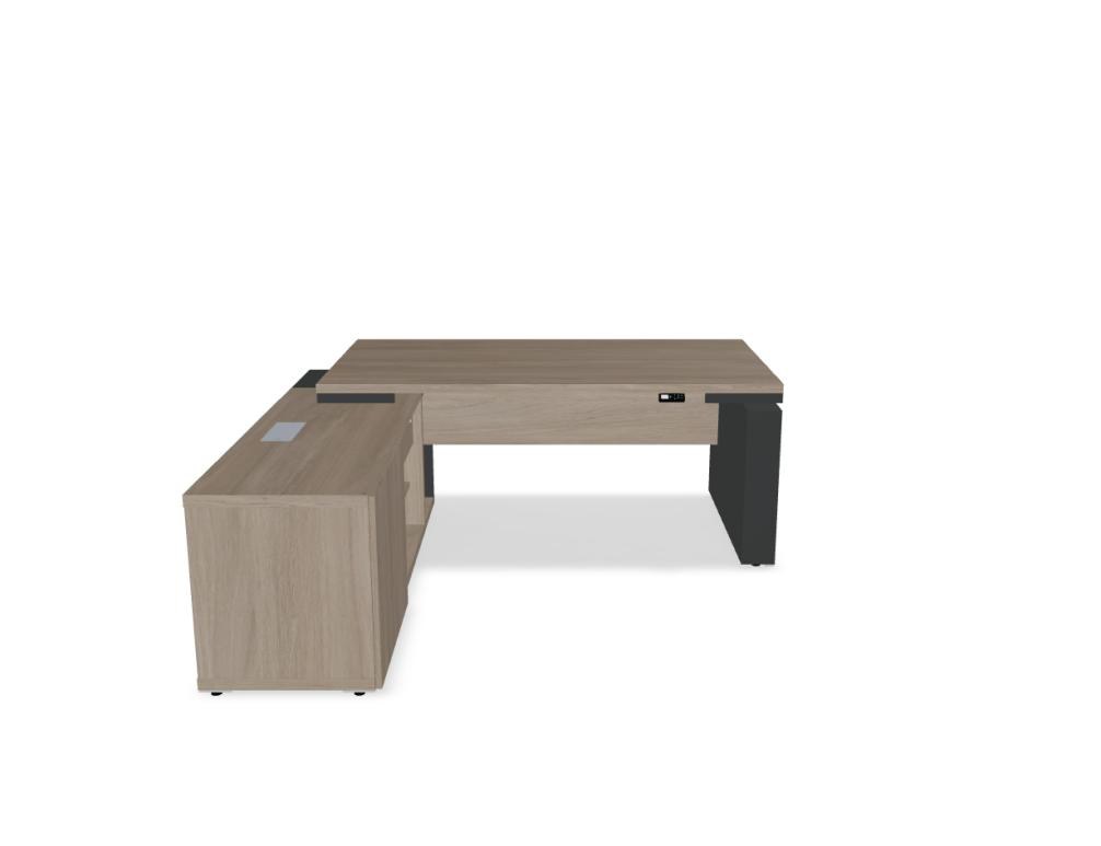 Chefschreibtisch Mito von Mdd mit Platte in Bernsteineiche, elektrisch höhenverstellbarem Metallgestell und Wangenfuss in Anthrazit.