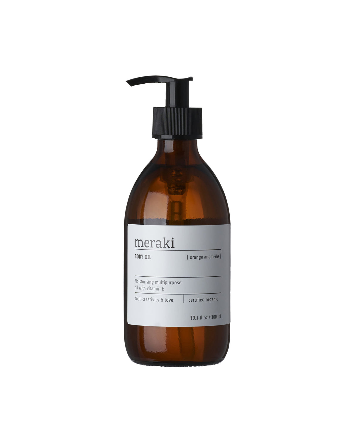 Meraki Body oil Orange & herbs, Körperpflegeöl in braunem, zylindrischem Behälter