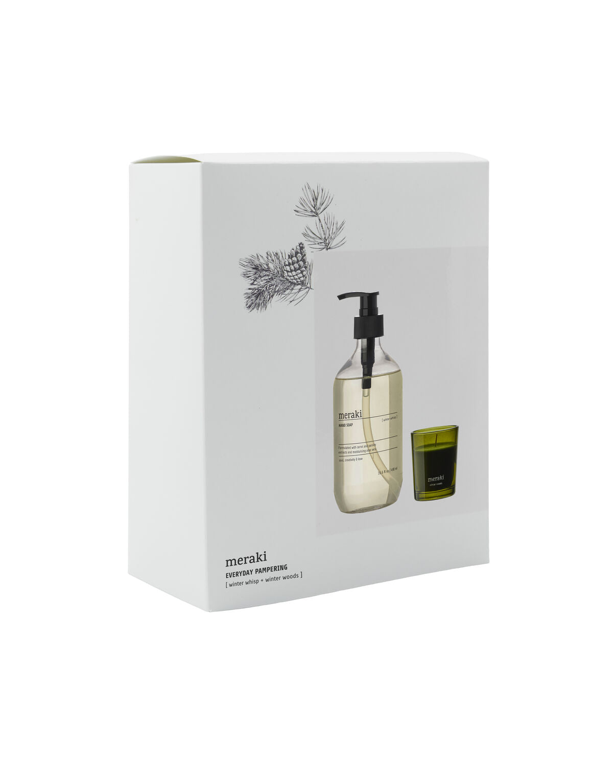 Stilvolle Geschenkverpackung mit winterlicher Handseife und aromatischer Kerze, perfekt für gemütliche Abende in der kalten Jahreszeit.