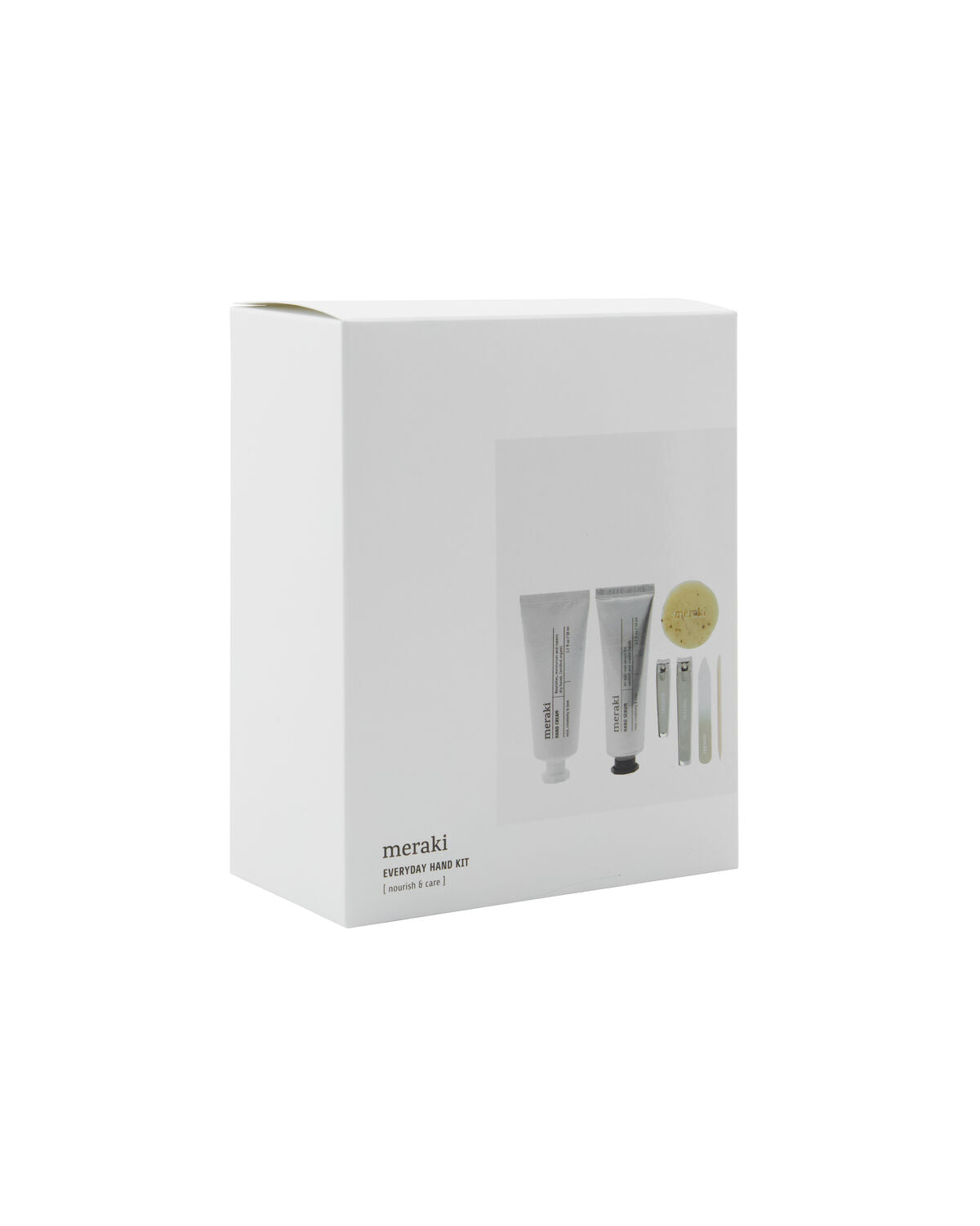 Stilvolle Geschenkverpackung mit hochwertigen Pflegeprodukten: Handcreme, Handserum, Seife und Nagelset von Meraki für verwöhnende Handpflege.