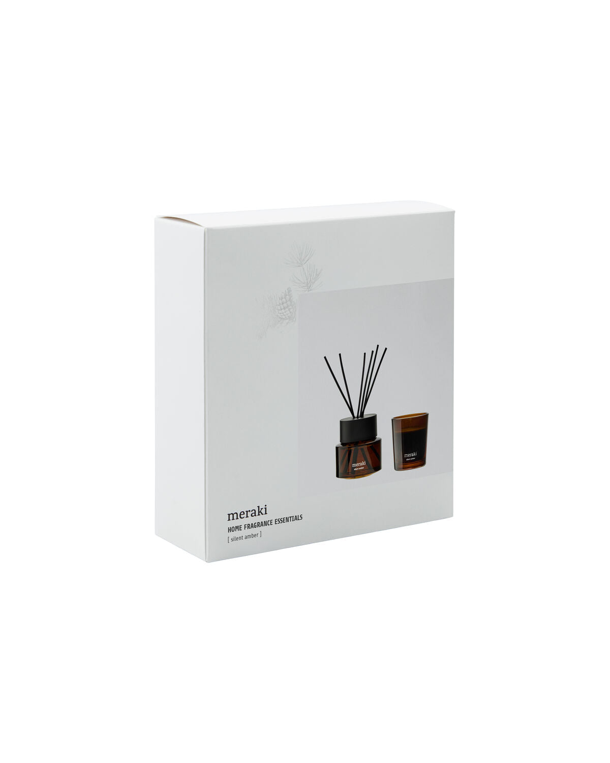 Stilvolles Geschenkset von Meraki, bestehend aus einem sanften Amber-Diffusor und einer aromatischen Kerze, perfekt für eine gemütliche Atmosphäre.