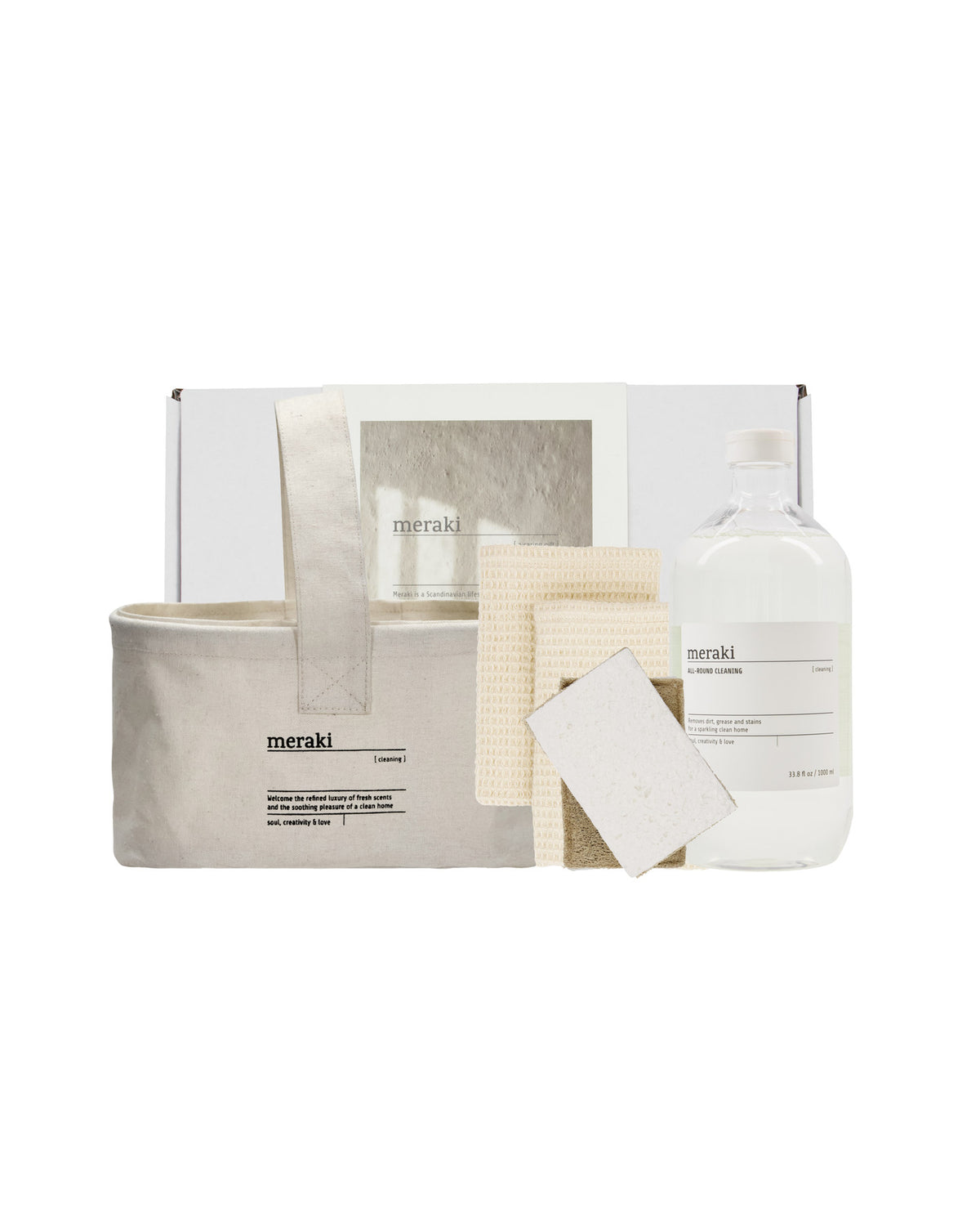 Meraki Geschenkset mit Korb, zwei Spüllappen, zwei Schwämmen und Allzweckreiniger in hellen Farben