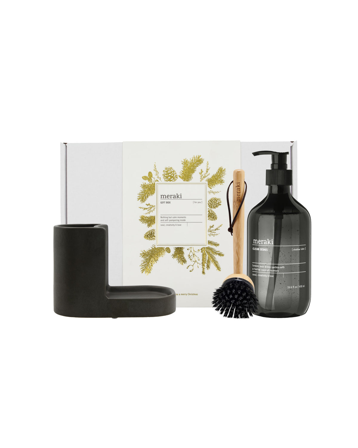 Gift boxCH, dark grey holder + nature brush + shadow lake dish wash, 490 ml in White präsentiert im Onlineshop von KAQTU Design AG. Geschenkset ist von Meraki