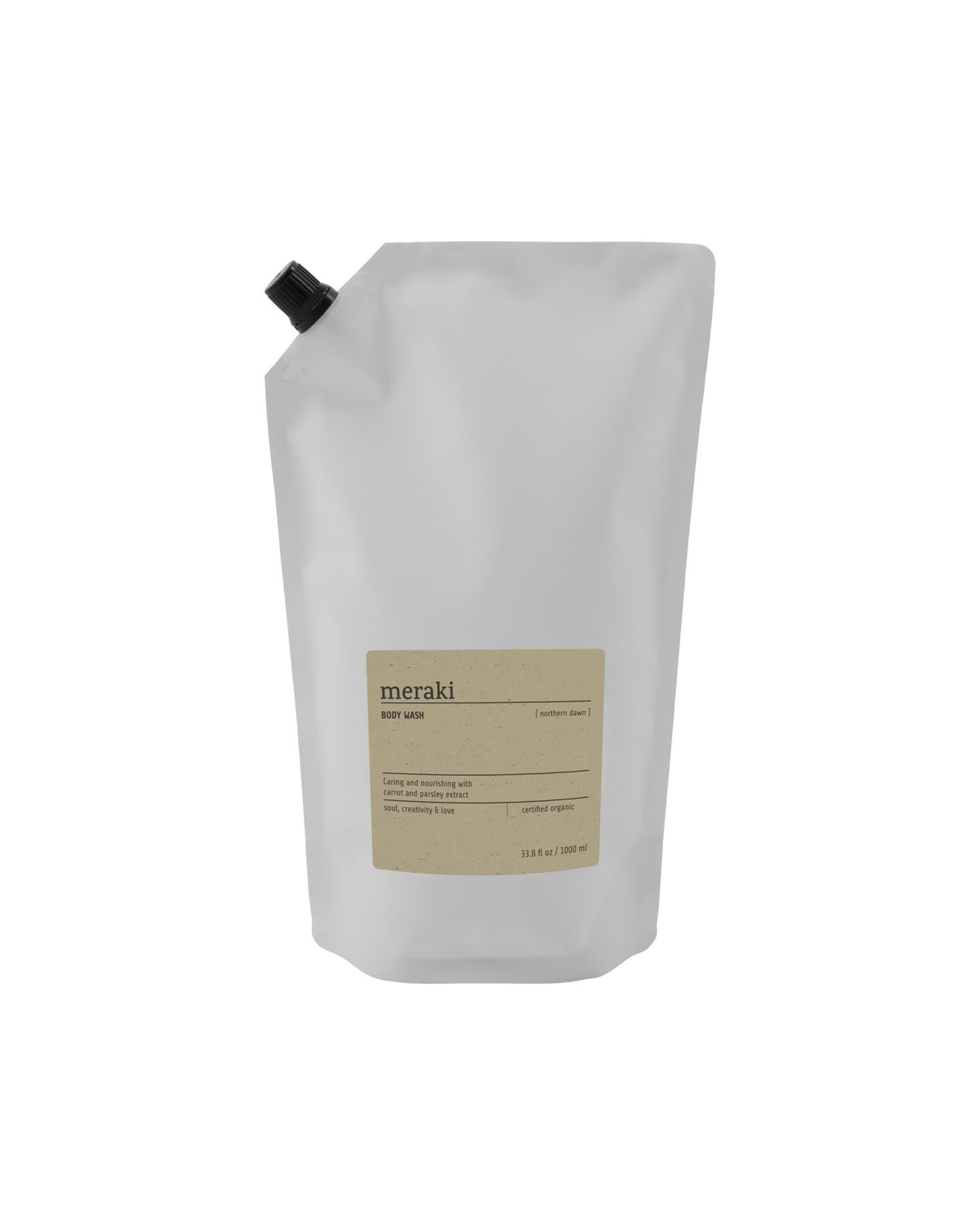 Weisse Nachfüllflasche des Meraki Northern Dawn Duschgels, 1000 ml, mit Etikett und Verschlusskappe, für Duschmittel und Shampoo.