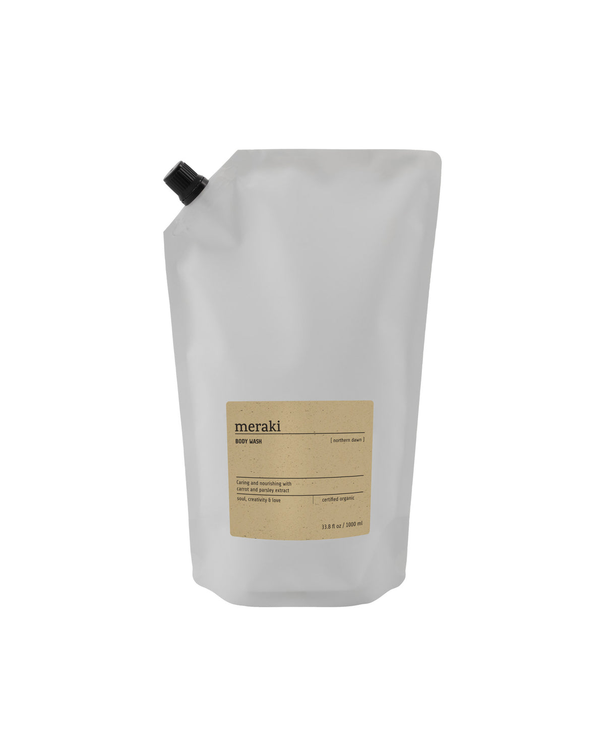 Weisse Nachfüllflasche des Meraki Northern Dawn Duschgels, 1000 ml, mit Etikett und Verschlusskappe, für Duschmittel und Shampoo.