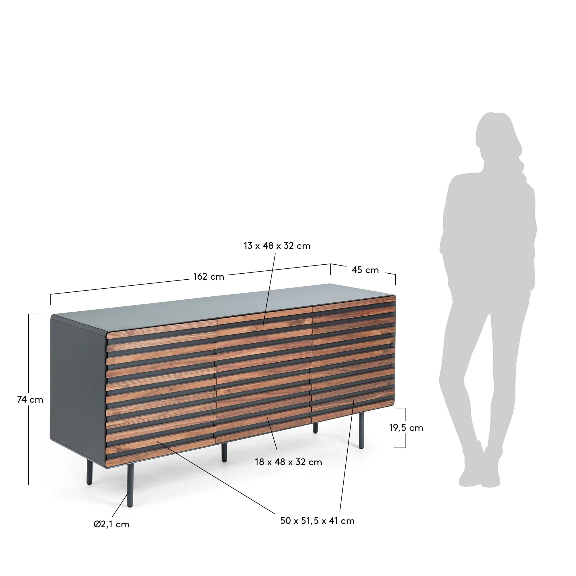 Elegantes Sideboard aus Walnussfurnier und schwarzem Stahl, 162x74 cm, ideal für stilvollen Stauraum.