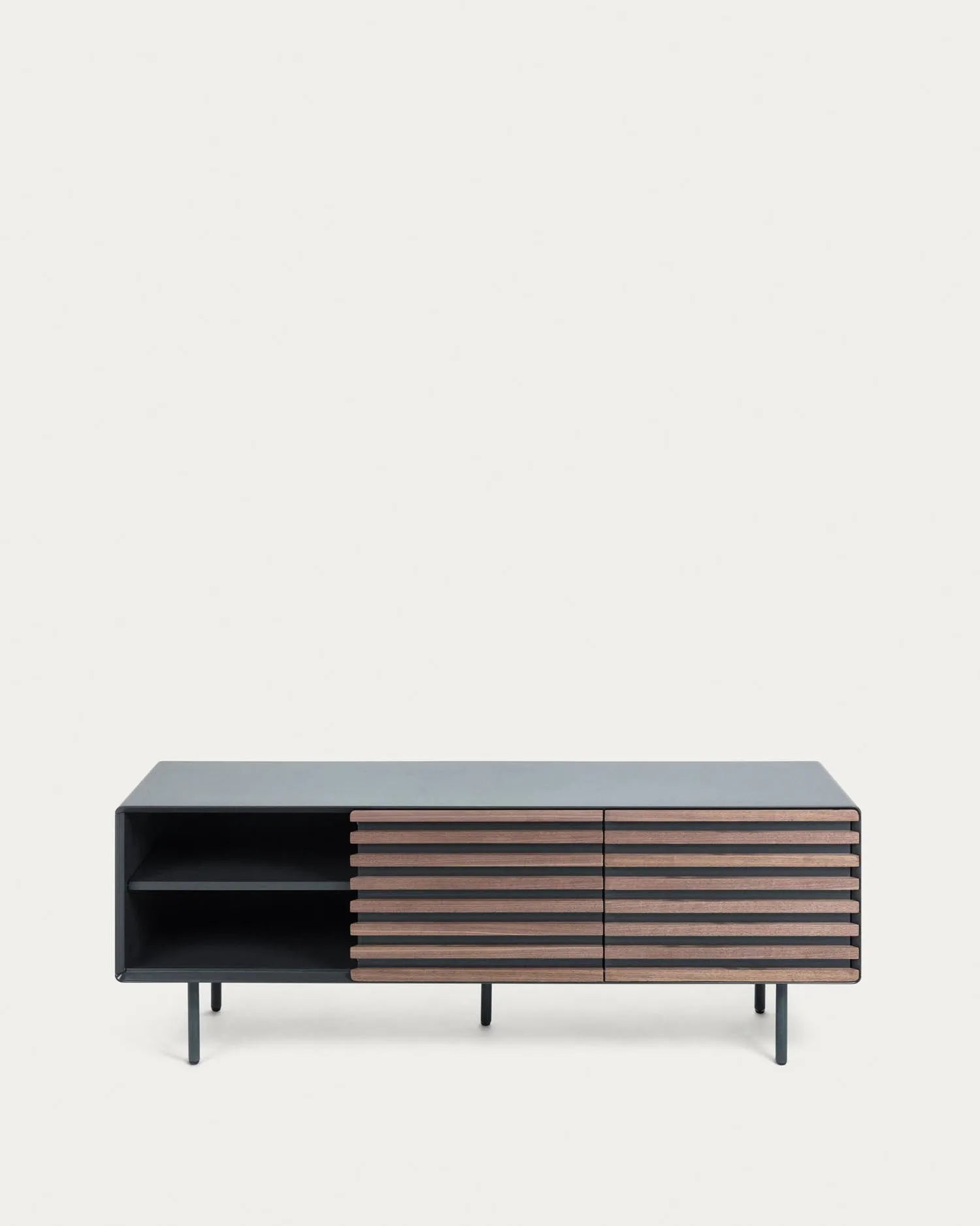 Eleganter TV-Schrank mit Walnussfurnier und schwarzer Lackierung, ideal für moderne Wohnräume. Maße: 162 x 58 cm.