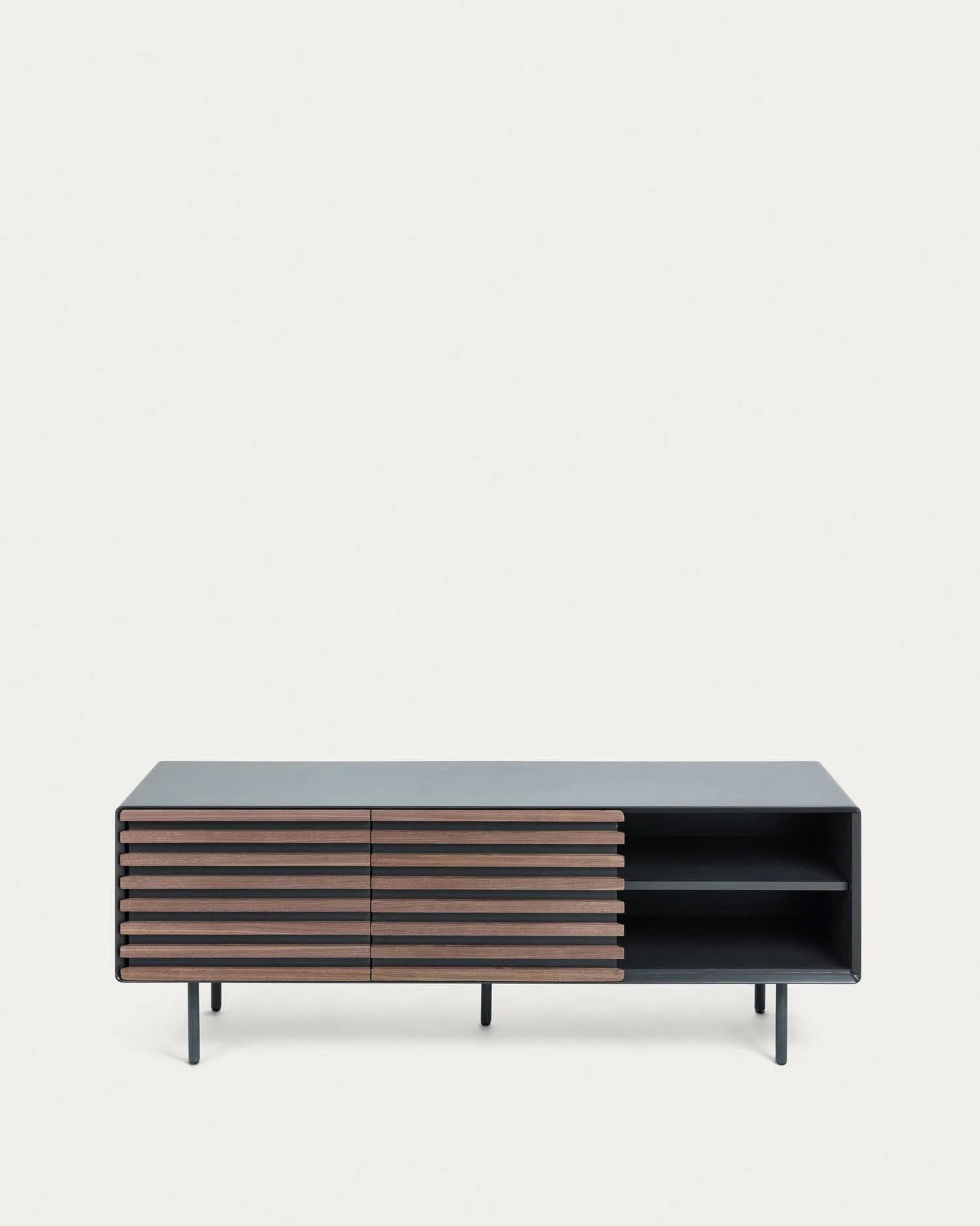 Eleganter TV-Schrank mit Walnussfurnier und schwarzer Lackierung, ideal für moderne Wohnräume. Maße: 162 x 58 cm.