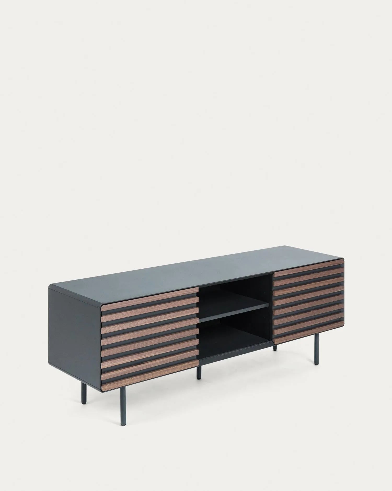 Eleganter TV-Schrank mit Walnussfurnier und schwarzer Lackierung, ideal für moderne Wohnräume. Maße: 162 x 58 cm.